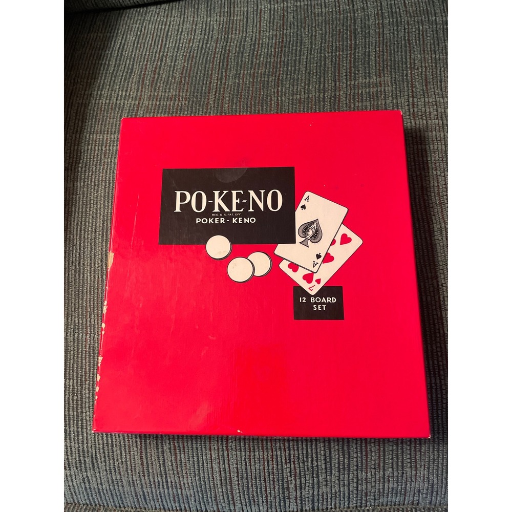 Vintage Po-Ke-No Poker Keno Game 12 Board Set with Red Chips and Original Box